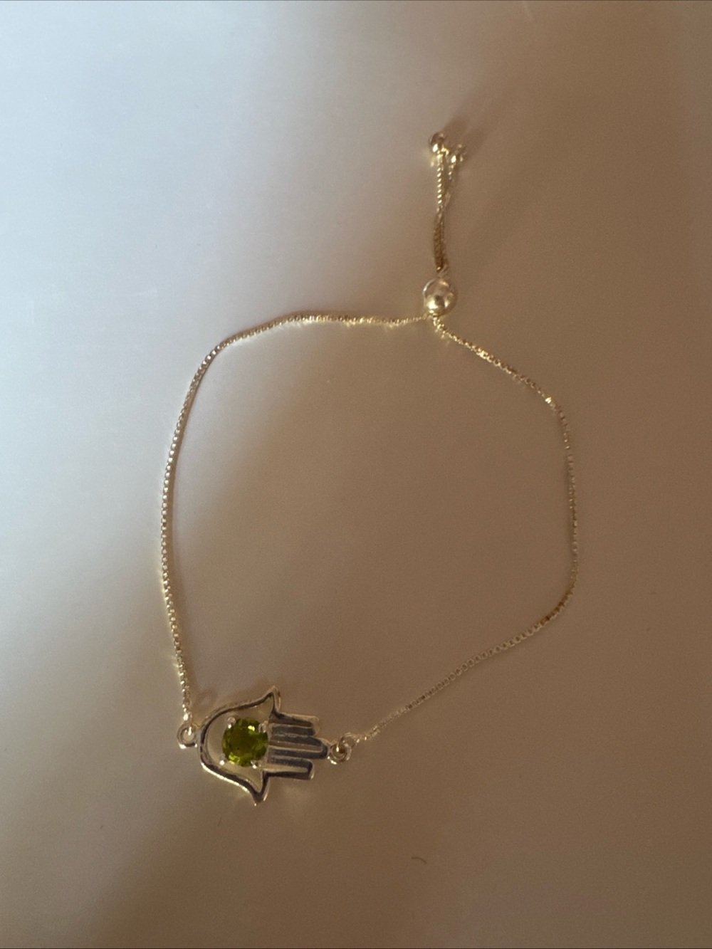 Sterling Silver Hamsa Bracelet with Green Gem